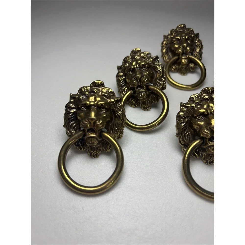 Set of 6 Solid Brass Lion Head Drawer Pulls Ring Handles Cabinet Hardware VNTG